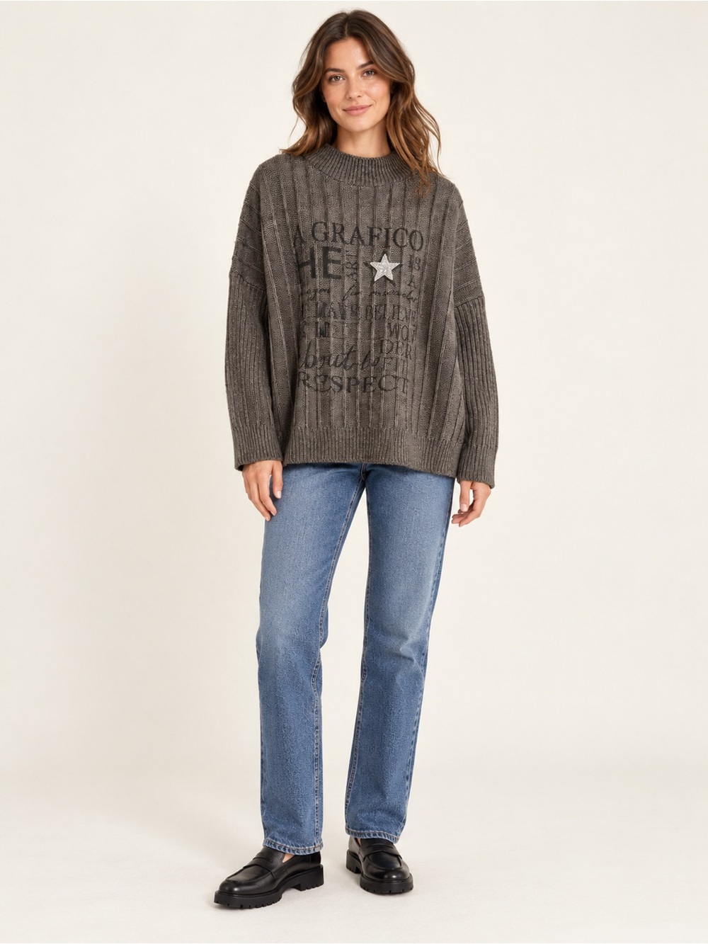 NT Italy Taupe Ribbed Mock Neck Sweater Rhinestone Star Estimated L